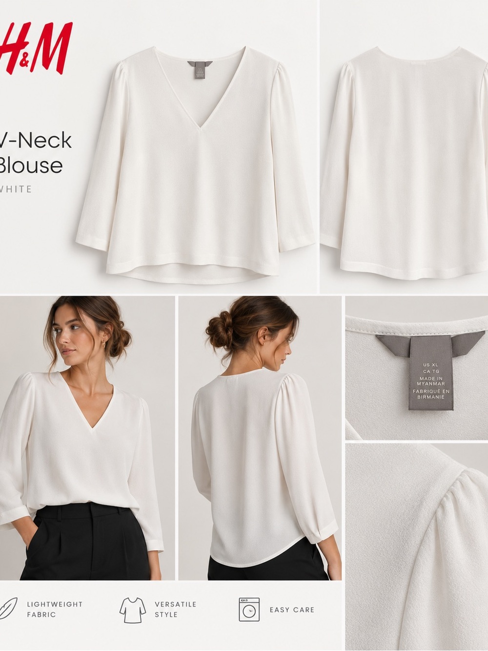 H&M White V-Neck Blouse